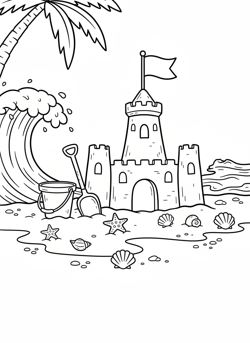 A simple sandcastle with a flag on top, bucket and shovel nearby, starfish and shells decorating the beach around it.