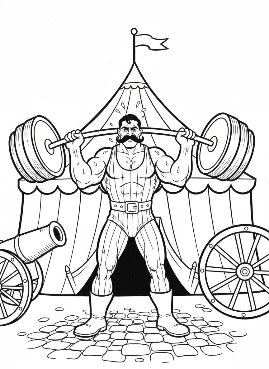 A strongman lifting a giant barbell with round weights, wearing a classic strongman outfit and mustache.