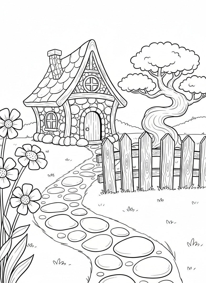 A fairy garden scene with a tiny house, miniature fence, small bonsai tree, and a winding pebble path.