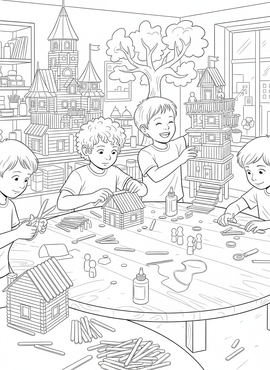 A crafting scene with kids cutting and gluing popsicle sticks together to build miniature houses and structures.