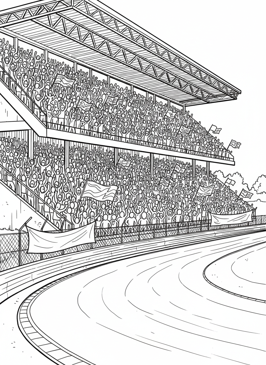 Grandstands packed with cheering fans waving flags and banners, with the race track visible in the foreground below them.