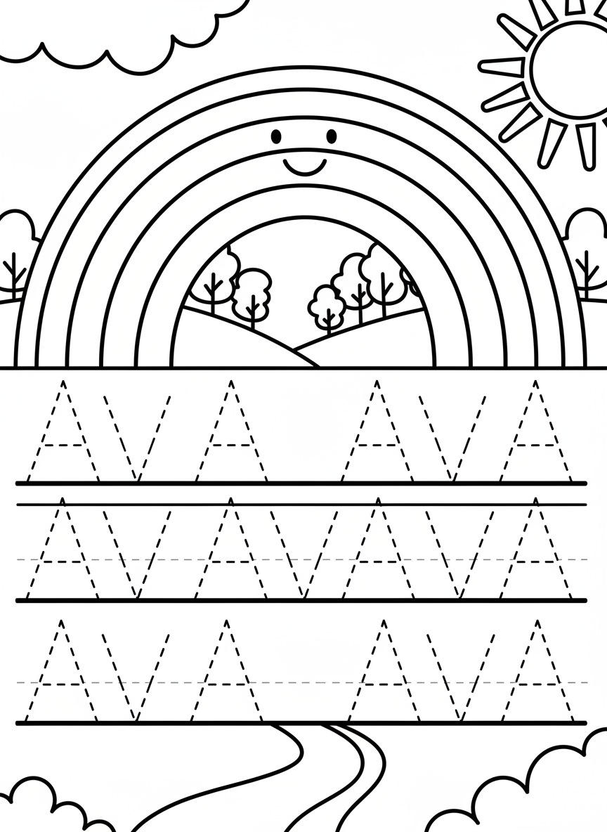 A smiling rainbow arching over three practice rows of dashed letters spelling 'AVA', clean line art for tracing worksheet