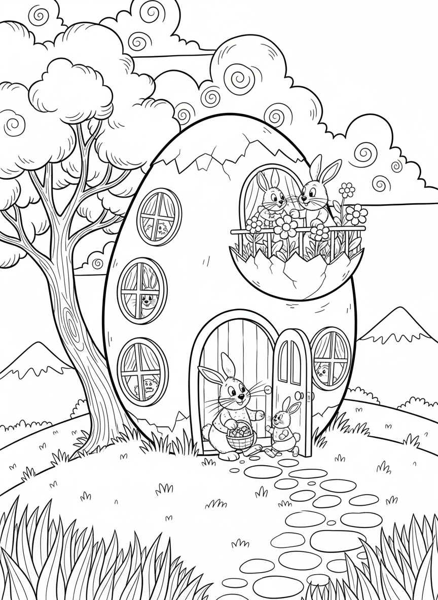 A large Easter egg shaped like a house with windows, door, and a bunny family living inside, whimsical design