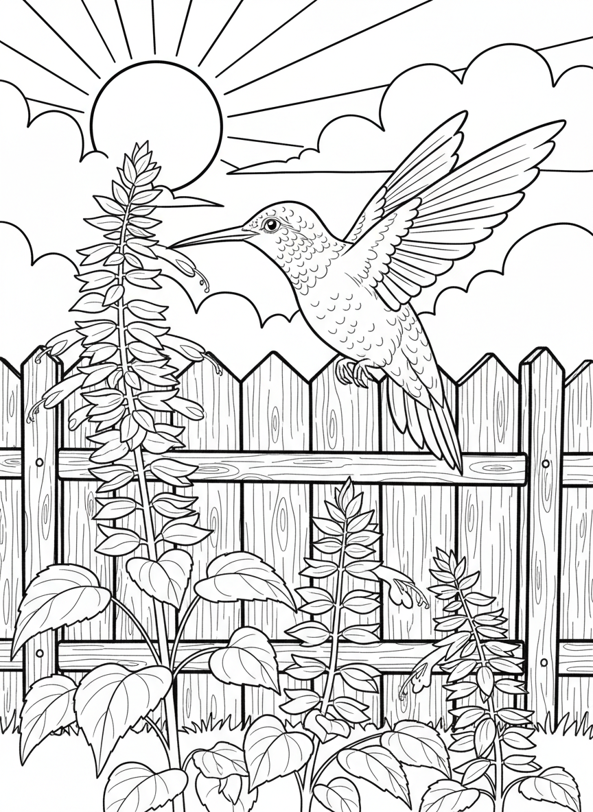 A hummingbird feeding from red salvia flowers arranged in a tall spike, with a garden fence and sun in the background