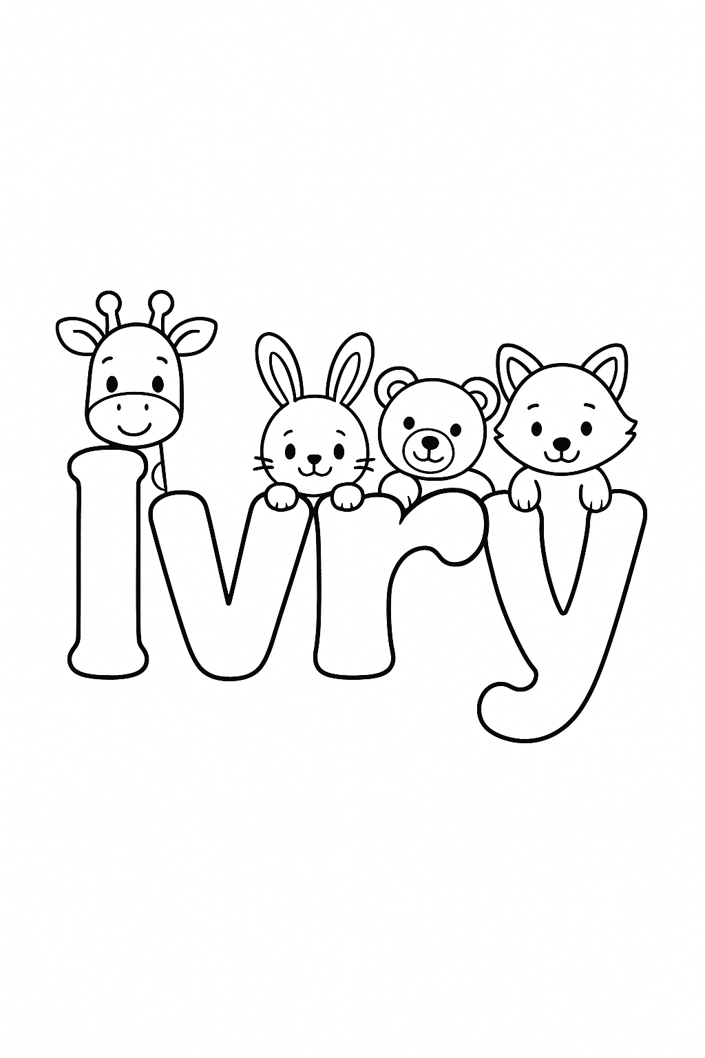 The name “Ivry” in bubble letters with cartoon animals peeking out of each letter. make the name all on one line, capitalize only the first letter