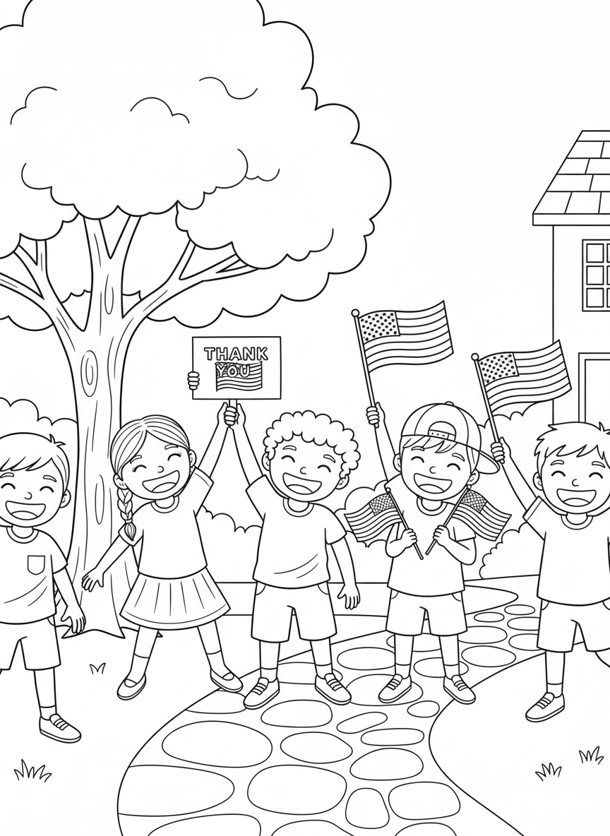 A group of diverse children holding thank you cards and small American flags, celebrating Veterans Day together