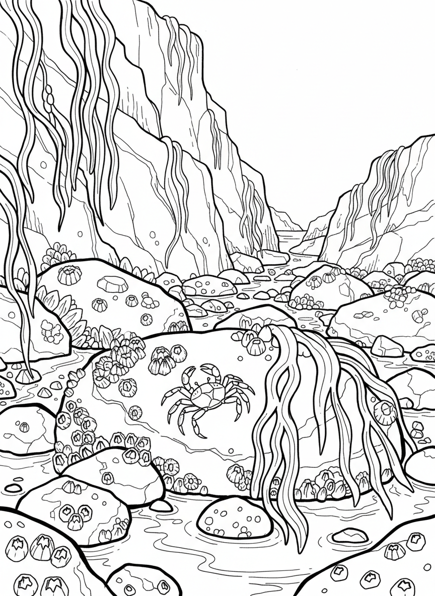 Barnacles and mussels covering rocks at low tide, with a small crab climbing over them and seaweed hanging down.