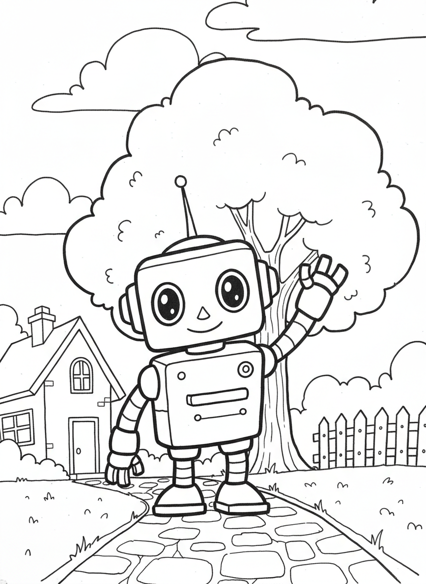A cute robot character with square body, round eyes, antenna, and simple arms and legs in a friendly waving pose.