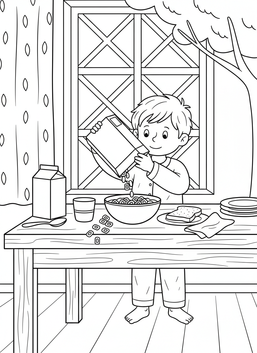 A child pouring cereal from a box into a bowl at the kitchen table, simple breakfast preparation scene