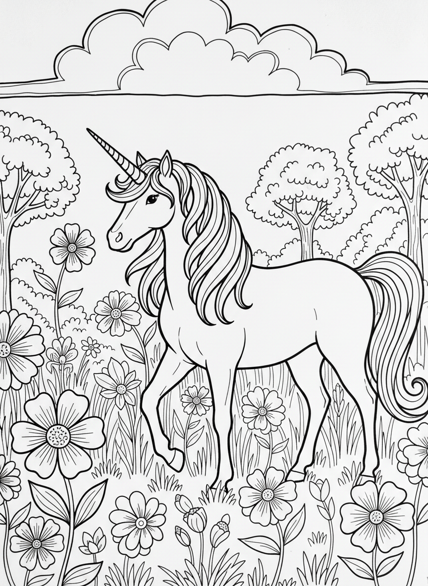 A graceful unicorn standing in a meadow filled with flowers, with a flowing mane and a spiral horn on its forehead.