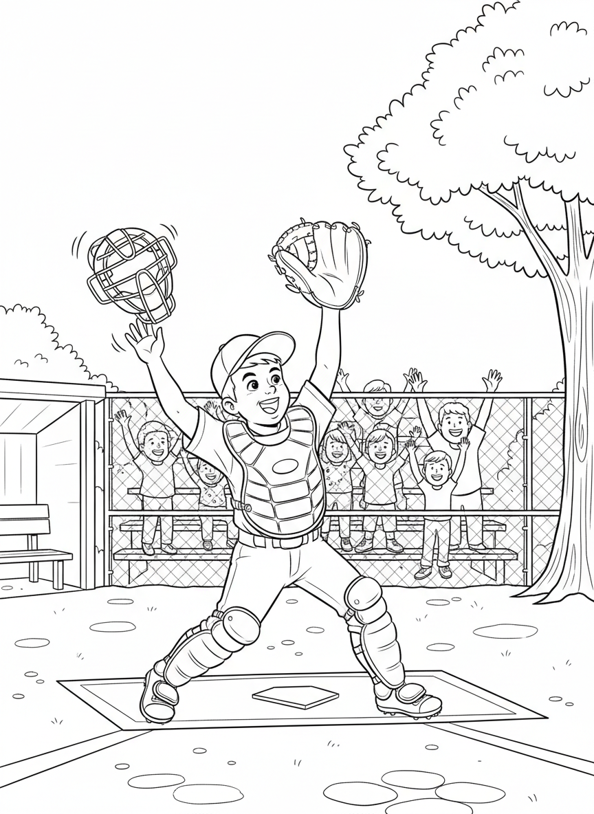 A young Little League catcher dramatically throwing off their helmet mask to catch a pop fly ball behind home plate, glove raised high in the air, excited parents watching from bleachers in the background.
