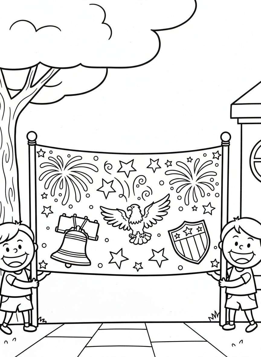 A close-up of a parade banner being carried by two children, decorated with stars, fireworks designs, and patriotic symbols to color.