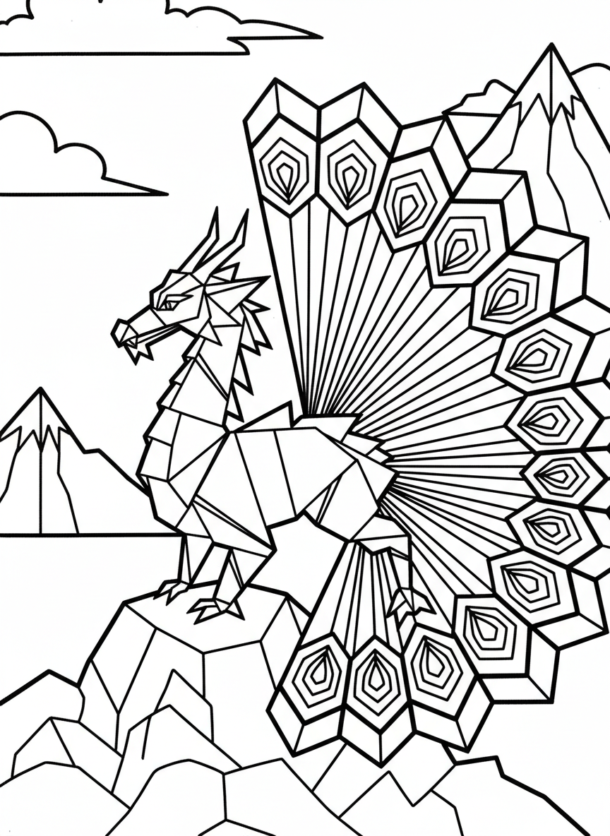 An origami dragon with elaborate geometric tail feathers displayed like a peacock, showing intricate fold patterns and symmetrical design.
