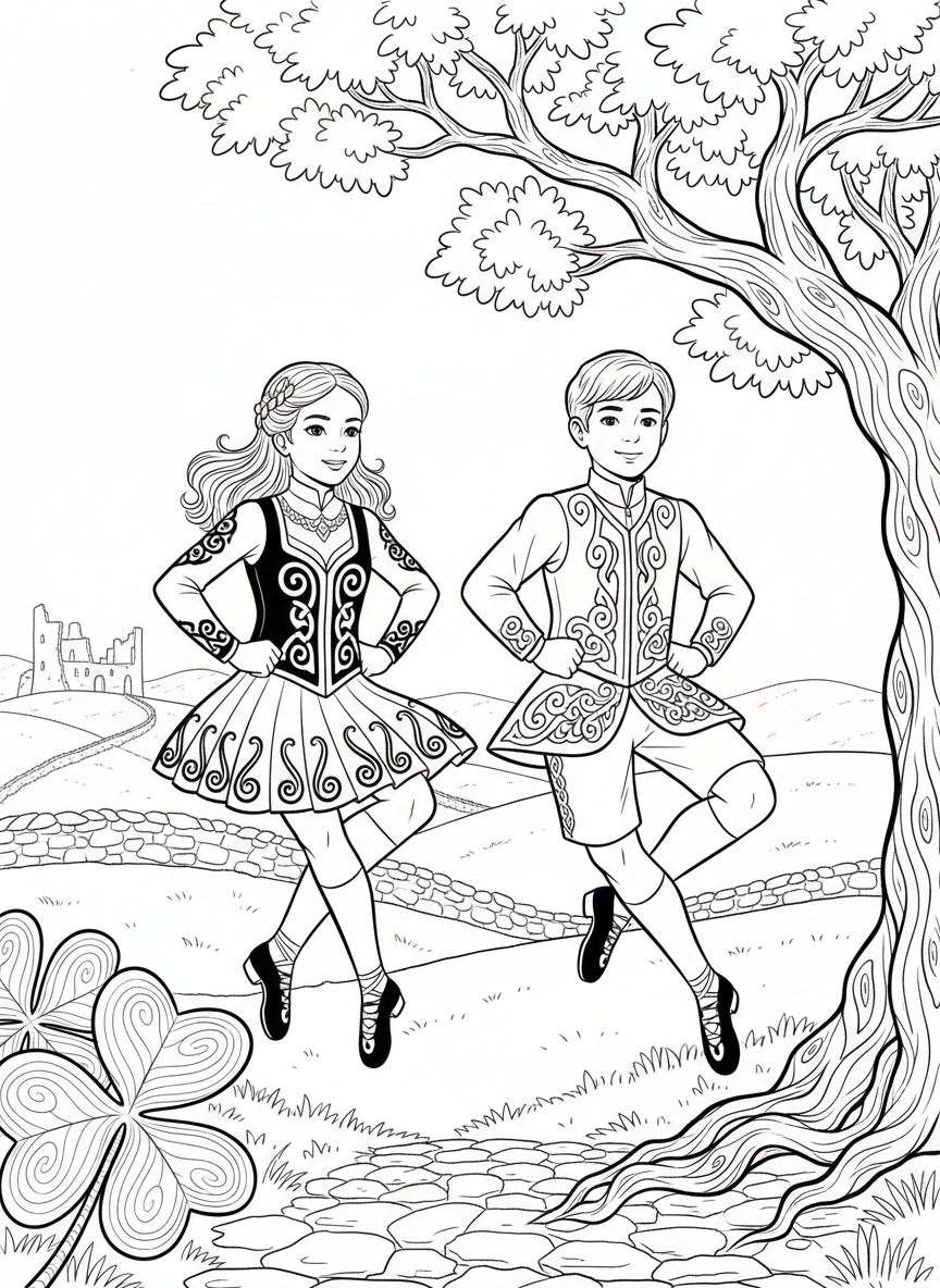 Two children doing an Irish step dance together, wearing traditional dance costumes with Celtic patterns and their arms at their sides.