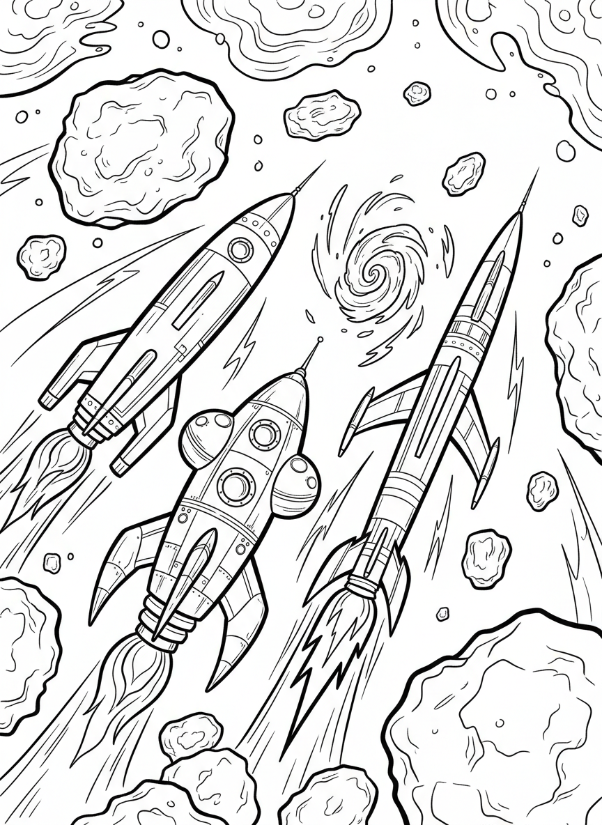 Three different rocket ships of varying designs racing through an asteroid field, action-packed space adventure scene