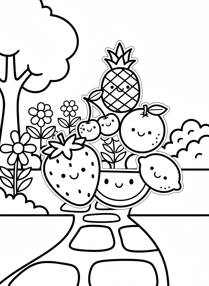 A set of six cute round stickers featuring smiling fruits: strawberry, watermelon slice, pineapple, orange, cherry pair, and lemon with happy faces and simple outlines