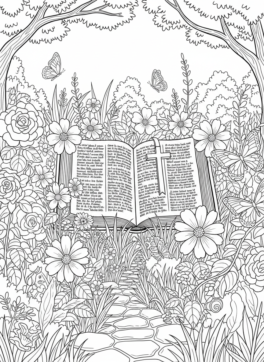 An open Bible with a cross bookmark, surrounded by flowers and butterflies in a garden setting