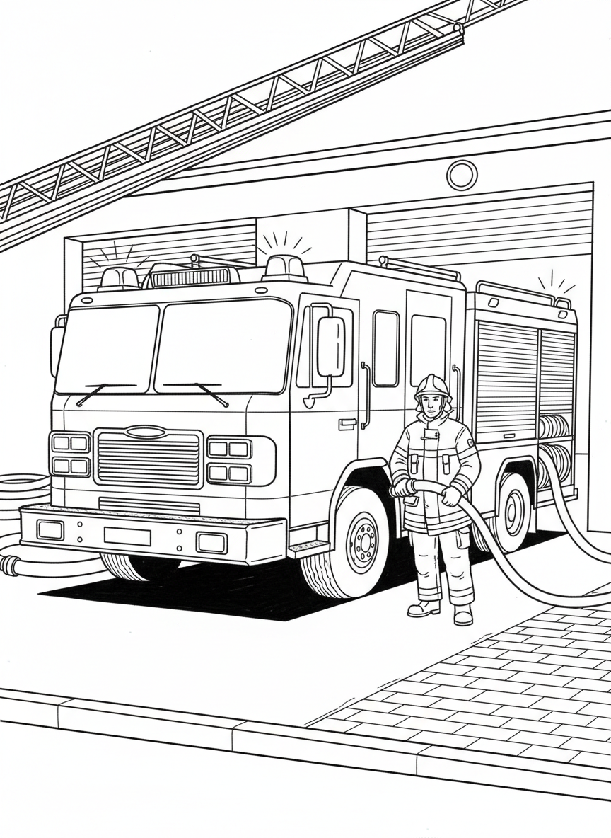 A firefighter standing beside a large fire truck with hoses neatly arranged, flashing lights glowing, and a station building behind them.