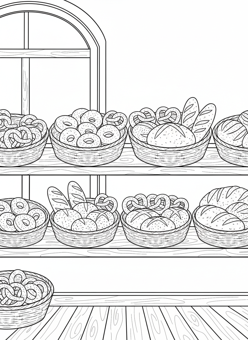 A bakery shelf stocked with various breads, pretzels, and bagels in wicker baskets