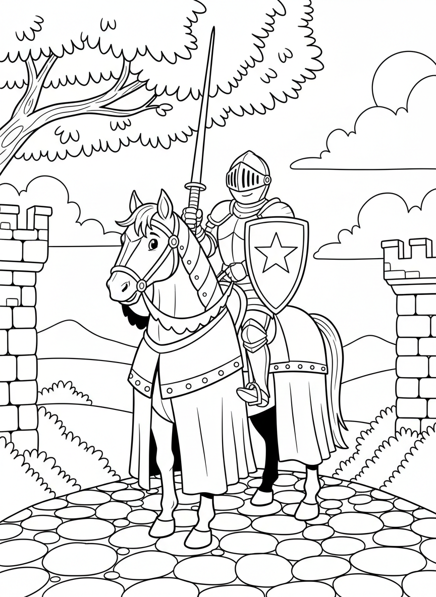 A friendly knight in full armor riding a horse, holding a shield with a star emblem and a lance pointed upward.