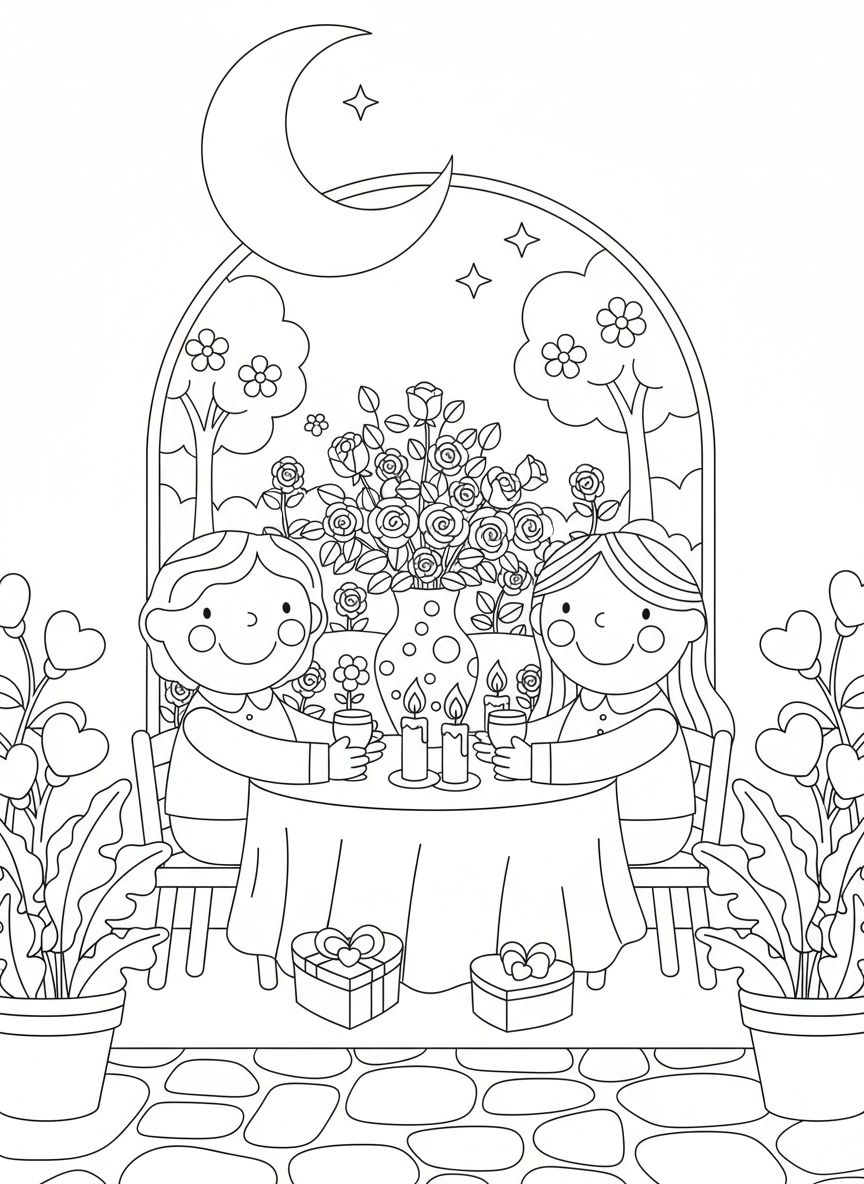Valentines Day coloring page prompts celebrating love, connection, kindness, and heartfelt moments.	A romantic dinner table set with candles and flowers, two people seated together smiling warmly.