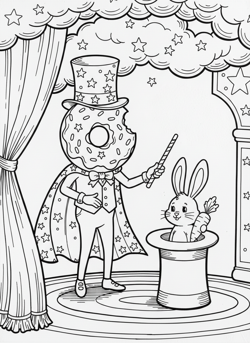 A donut magician pulling a rabbit out of a hat, wearing a top hat and cape with stars and wand
