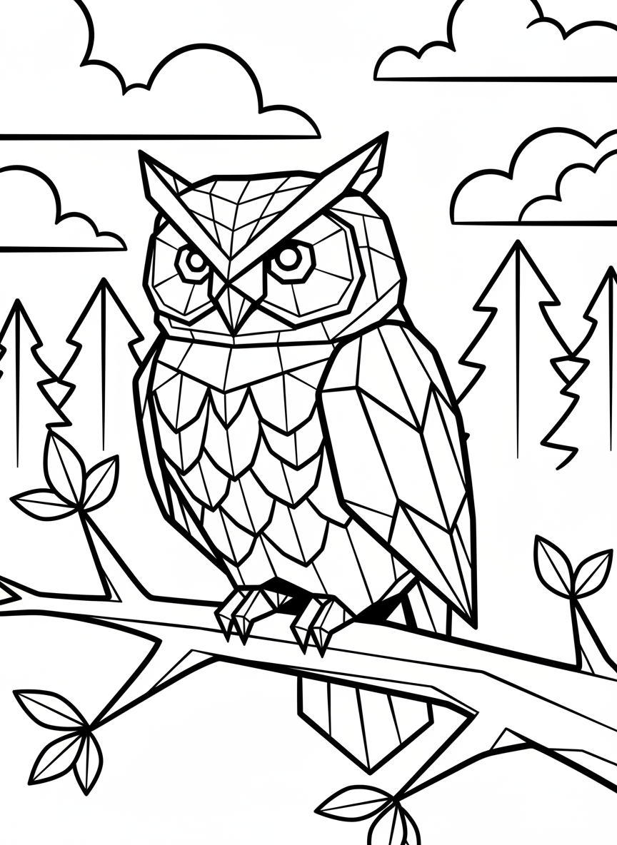 An origami owl perched on a branch with large triangular eyes, geometric feather patterns, and angular wings folded at its sides.