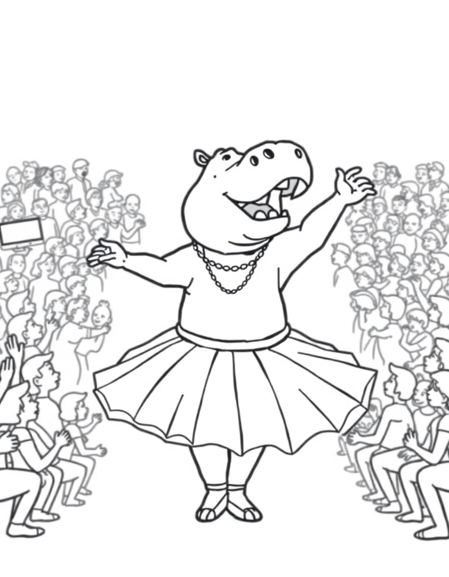 a Hippopotamus dressed as a ballerina dancing with a large crowd