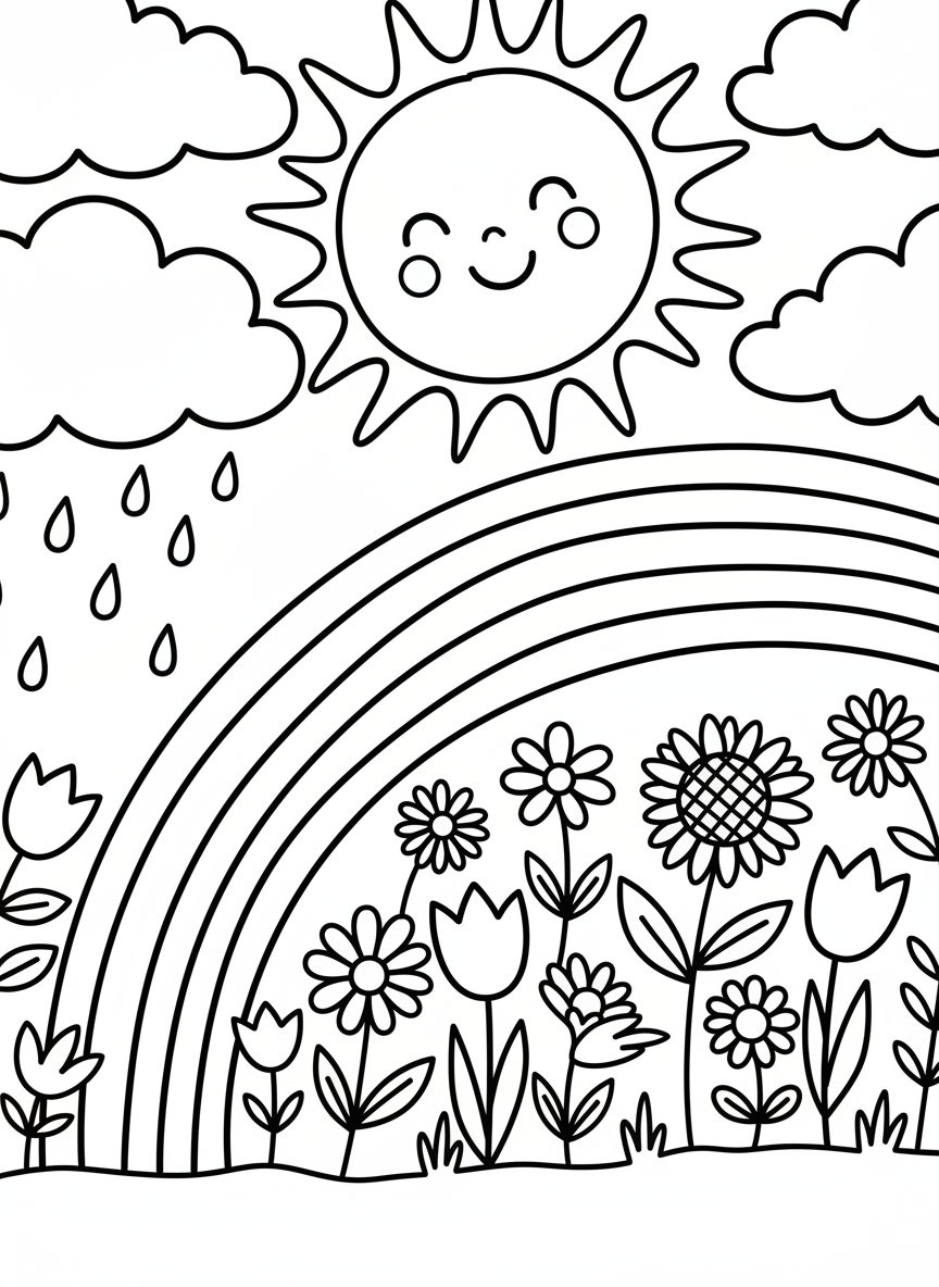 A cheerful garden scene with a smiling sun, rain clouds, flowers growing, and a rainbow in the background.