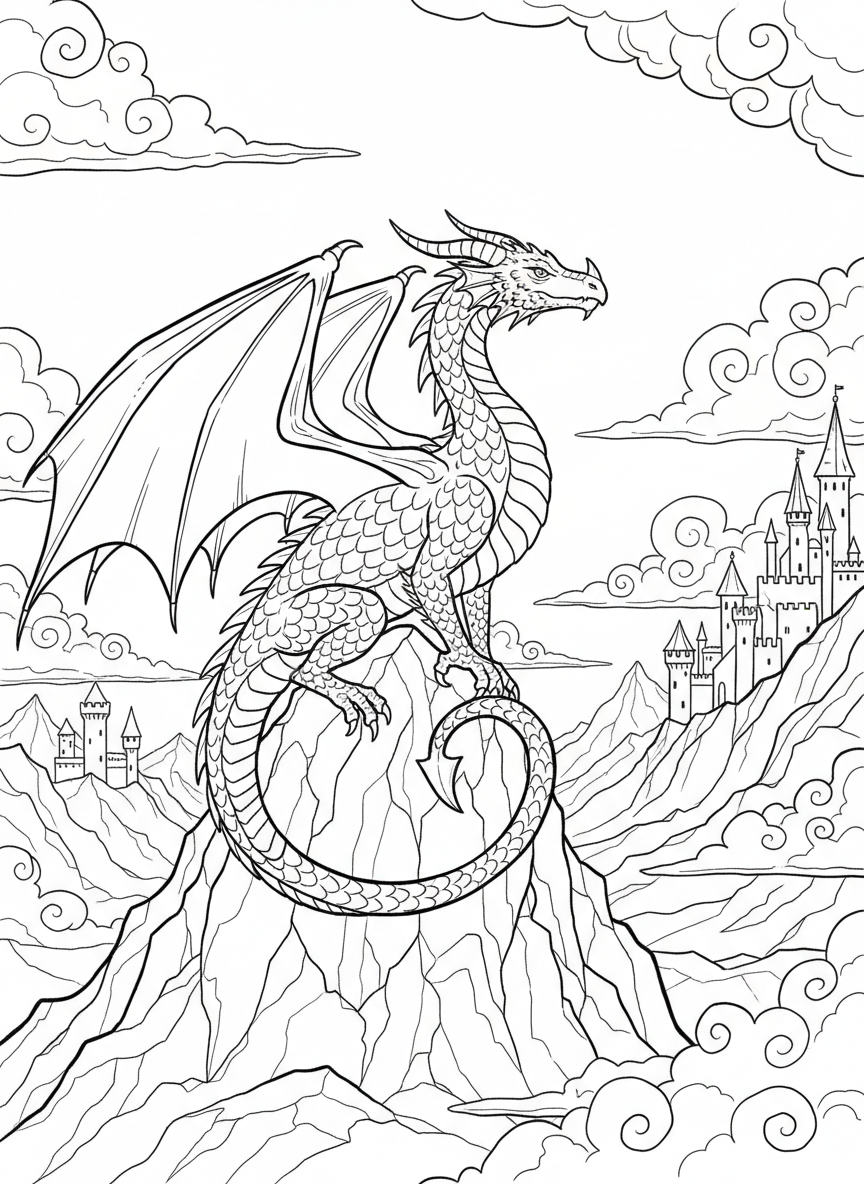 A majestic dragon perched on a mountain peak overlooking valleys, castles, and clouds stretching across the horizon.