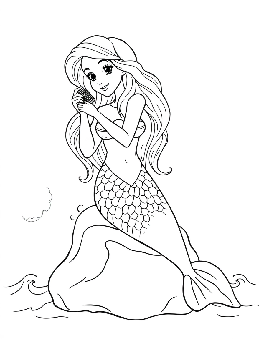 A beautiful mermaid sitting on a rock combing her hair with a seashell comb, waves crashing behind her