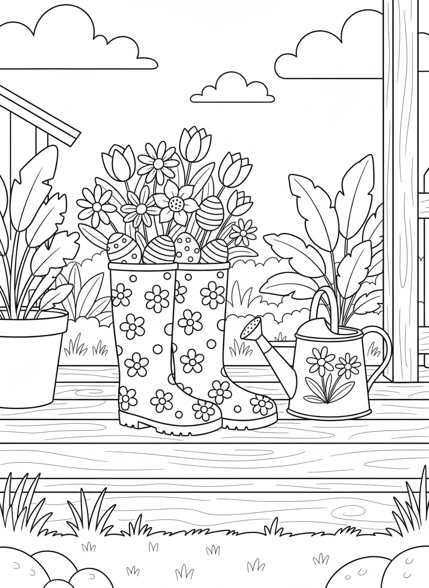 Spring rain boots filled with flowers and small Easter eggs, sitting on a porch with a watering can nearby
