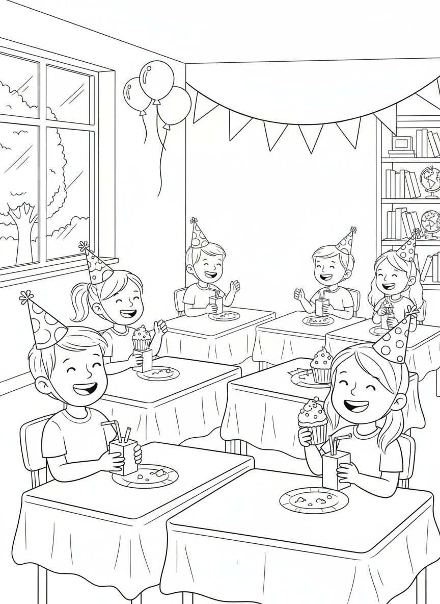 A classroom party scene with cupcakes, juice boxes, and decorations, children sitting at desks smiling and chatting