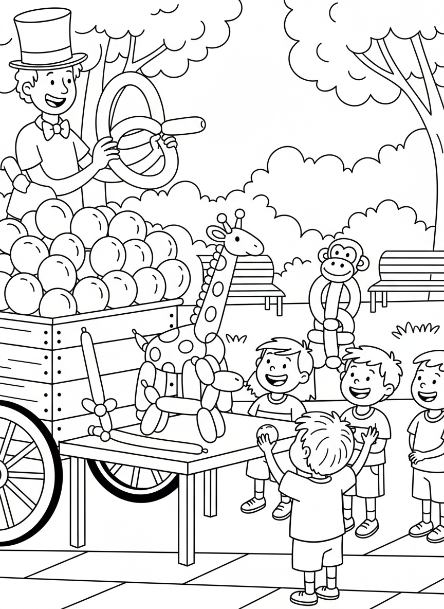 A balloon artist's station with twisted balloon animals, a cart full of balloons, and happy children watching.