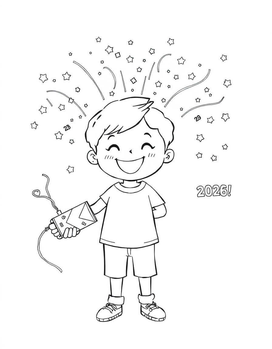 Confetti Popper: A cheerful child holding a party popper that is exploding with streamers, stars, and tiny "2026" confettis.
