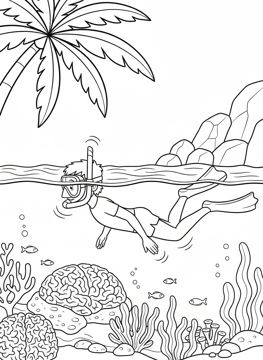 Side view of a child floating at the surface with snorkel gear, looking down at coral formations below, split water view