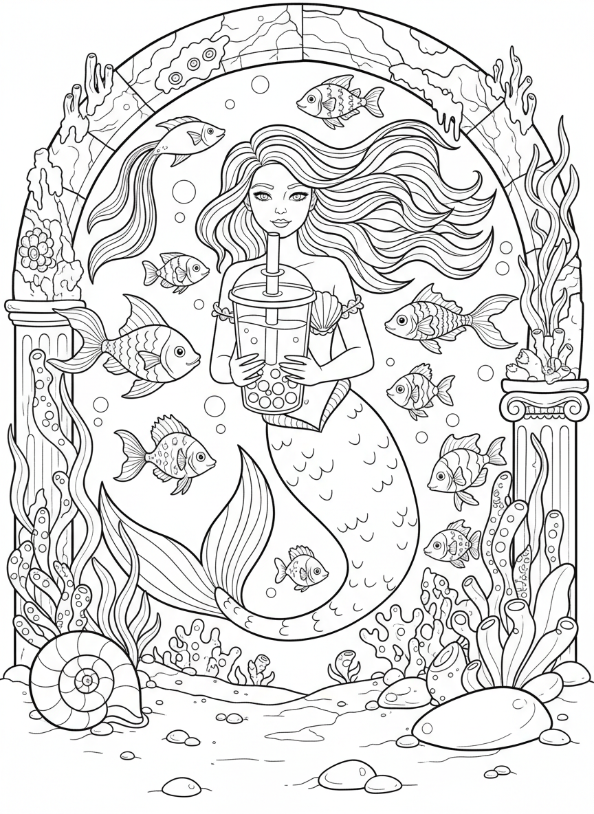 A mermaid holding a bubble tea cup underwater with fish swimming around and seaweed decorations, fantasy theme