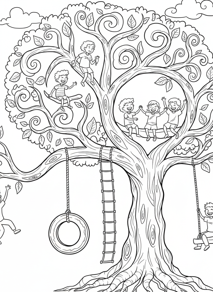 A magical tree with a tire swing hanging from a strong branch, with children playing beneath its canopy.