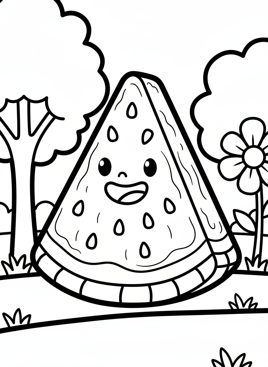 A smiling watermelon slice with seeds, showing the juicy interior and rind, simple line art for young children