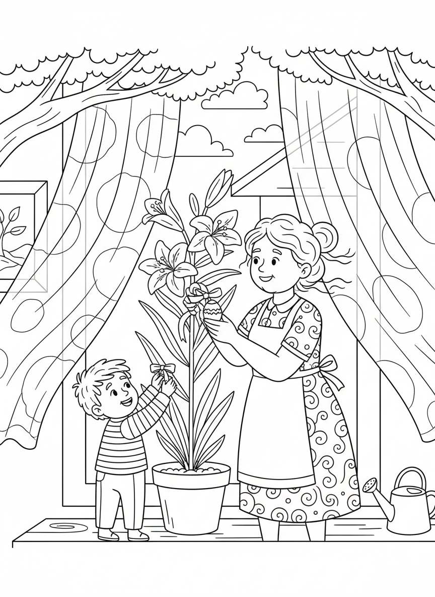 A grandmother and grandchild decorating an Easter lily plant together on a sunny windowsill, with curtains gently blowing in the spring breeze.