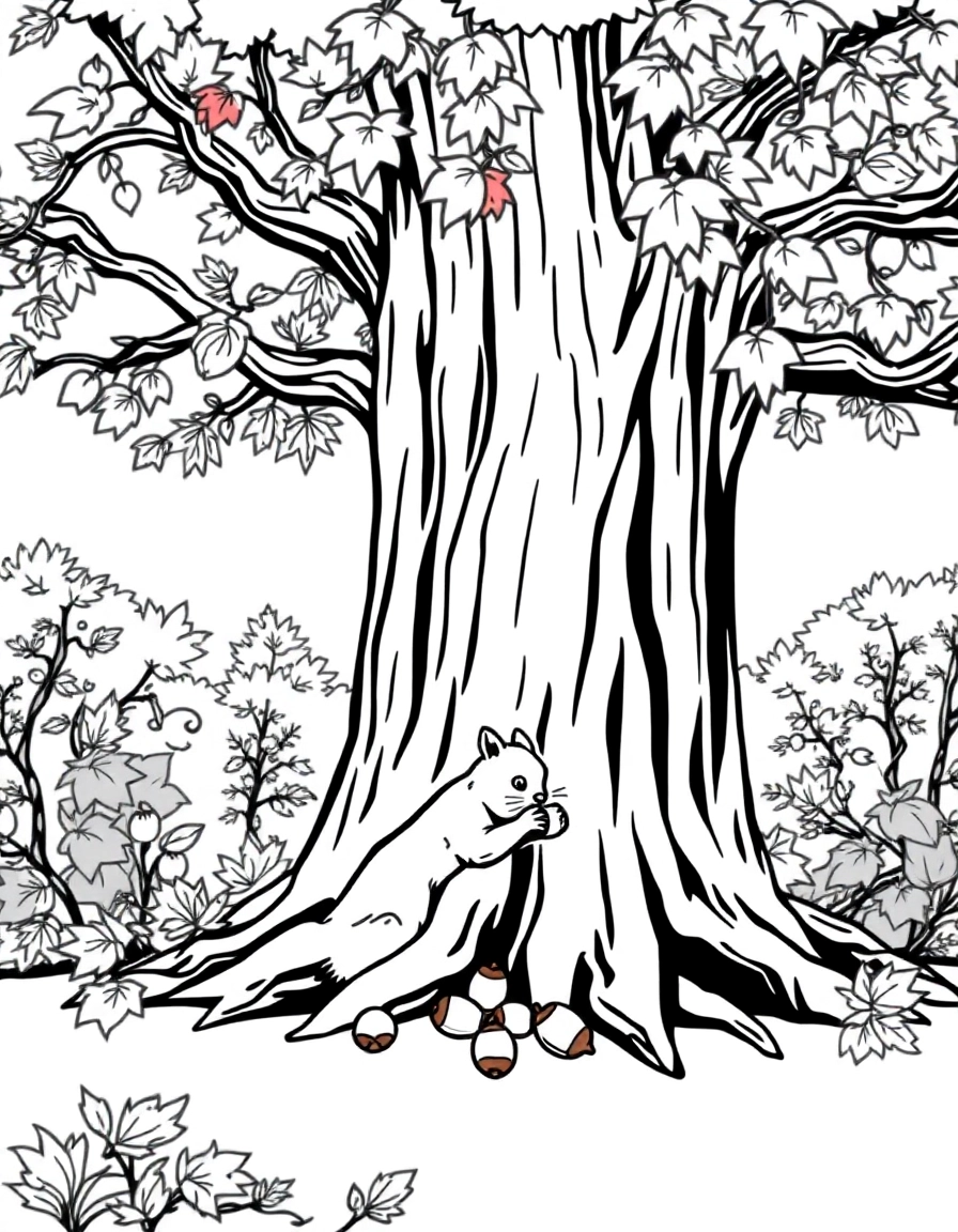 A squirrel gathering acorns near the roots of a giant oak tree surrounded by colorful autumn leaves.