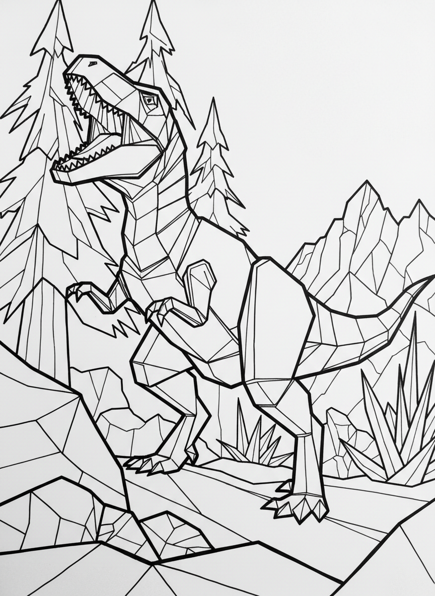 An origami Allosaurus with its mouth open showing geometric triangular teeth, dynamic pose with visible paper fold creases throughout.