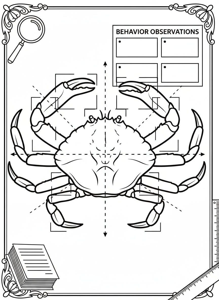A scientific record page showing a crab from top view with symmetry lines, measurement boxes, and behavior observation sections