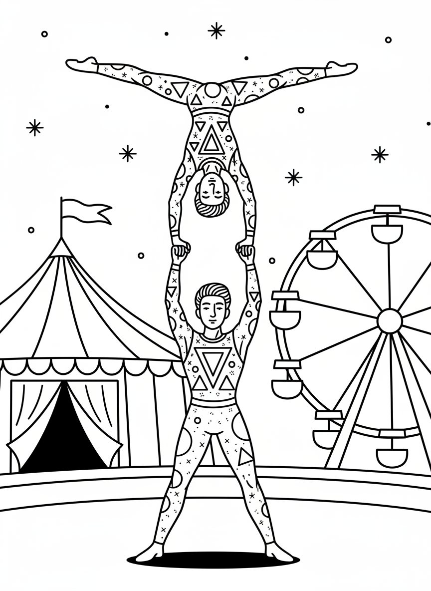 Two acrobats performing a handstand pyramid, wearing sparkly costumes with simple geometric patterns.