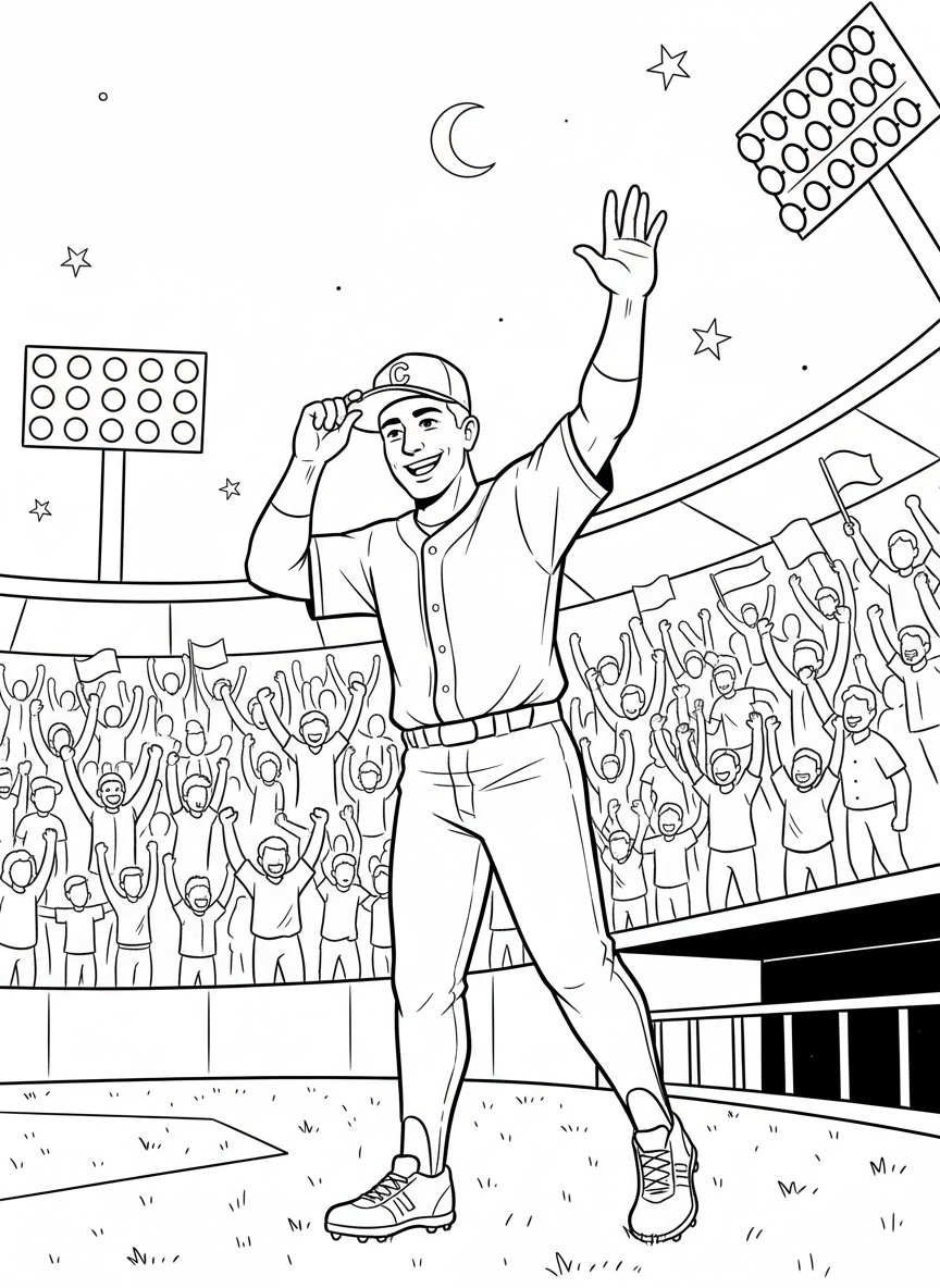 A baseball player tipping their cap to the crowd in appreciation, stadium lights and cheering fans sketched simply in background.