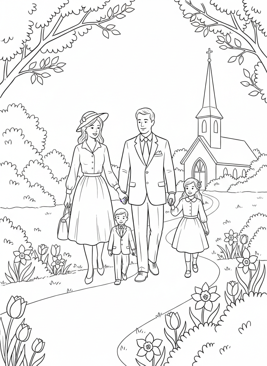 A family walking together to church on Easter morning, wearing their Sunday best clothes, with a church steeple visible in the background and spring flowers blooming along the path.