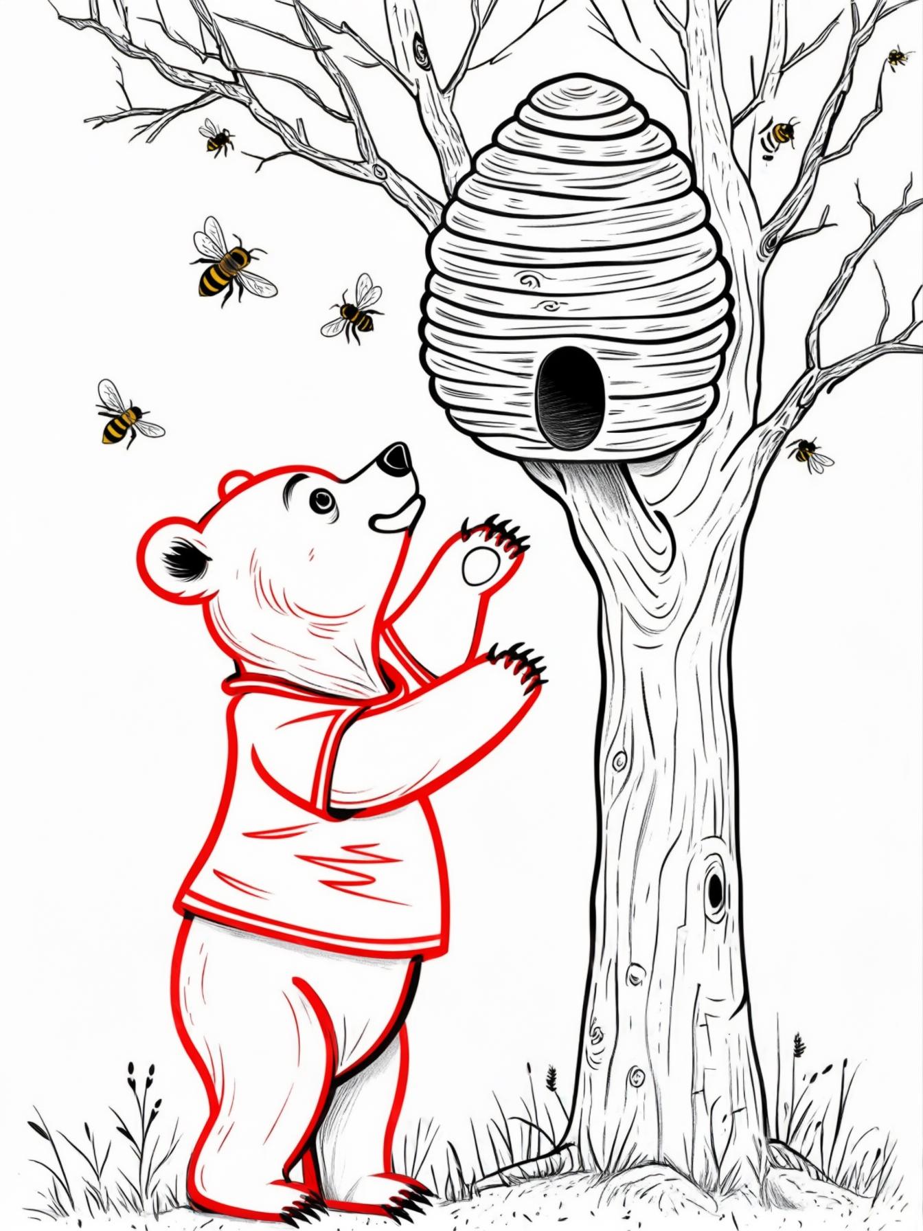A bear cub in a red shirt reaching up to get honey from a tree, with bees buzzing around the hive