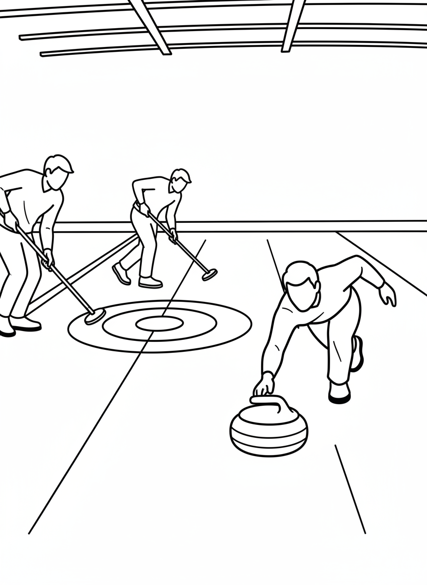 A curling player sliding a stone across the ice while two teammates sweep the ice with brooms, with the target circles visible ahead.