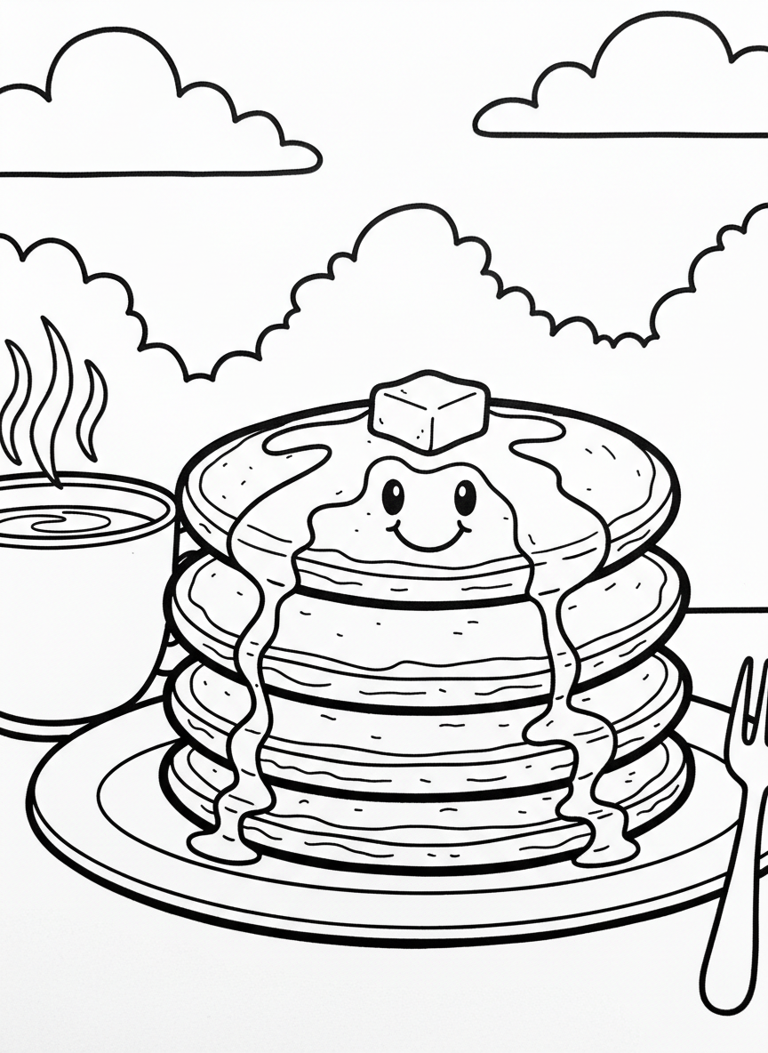 An adorable stack of pancakes with butter on top, syrup dripping down, and a cute smiling face on the top pancake