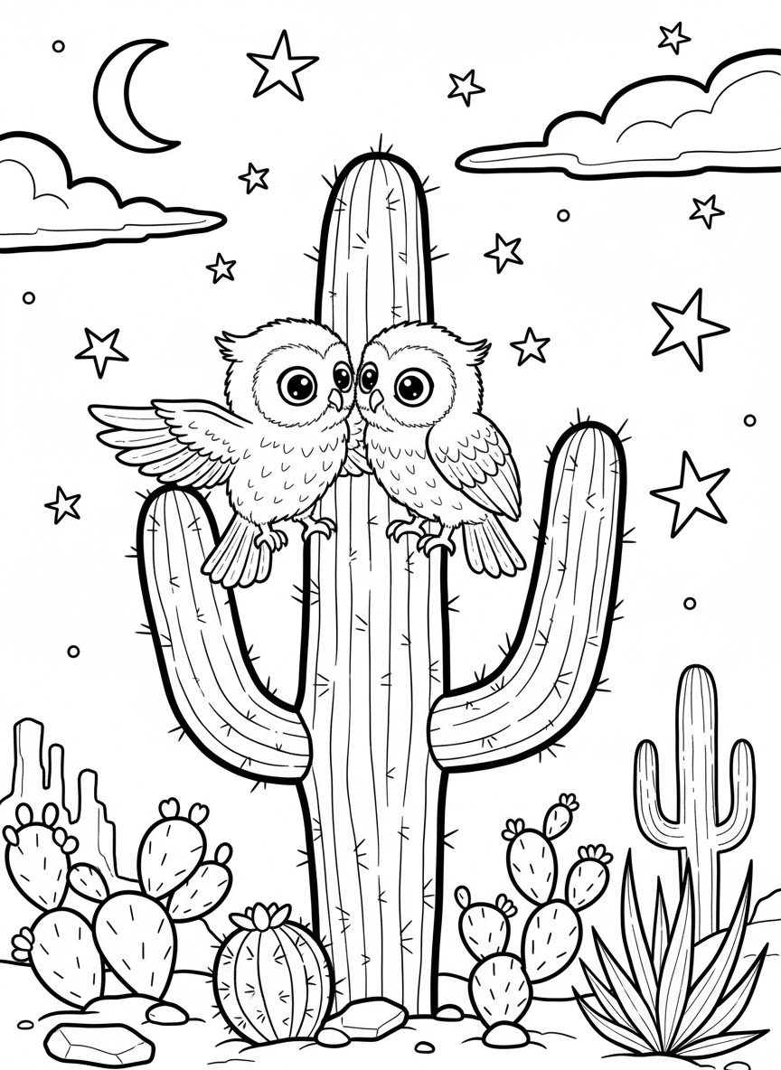 Two small elf owls playing together on a cactus in a desert scene with stars in the sky.